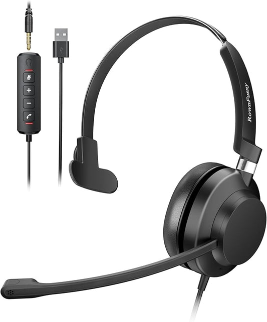 USB Headset with Microphone for PC & Laptop - Noise Reduction On-Ear Wired Headphones with in-Line Volume Control, Call Answer Button for MS Teams, IP Phones, Work, Zoom, Skype