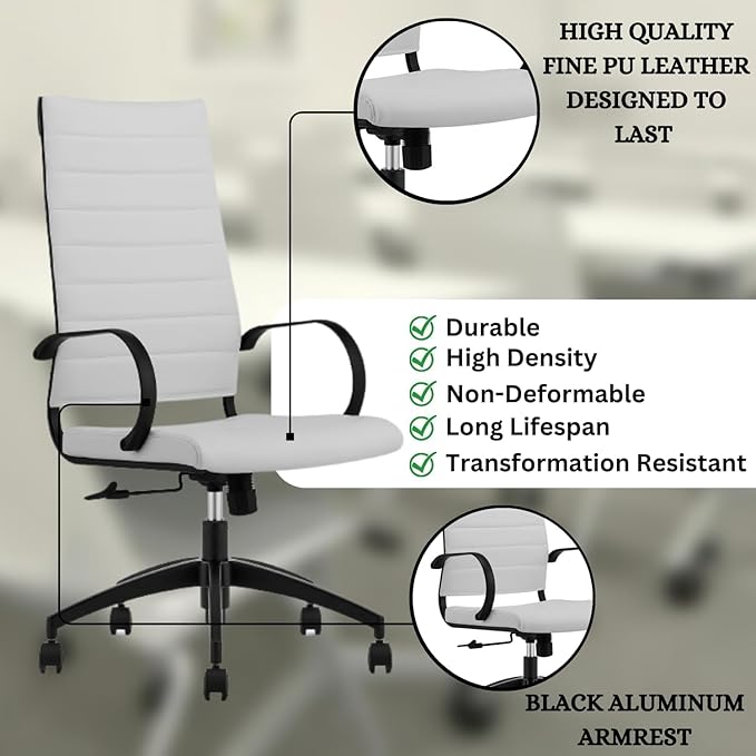 Ribbed High Back Conference Room Chairs - Lumbar Support, Modern Executive Home Office Chair - White Leather Seat & Black Aluminum Frame