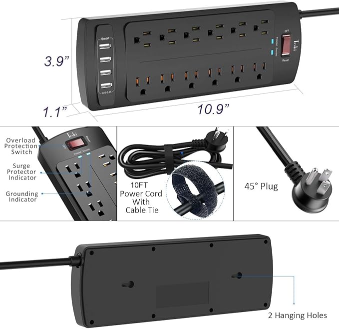 Power Strip, Tcstei Surge Protector with 12 Outlets and 4 USB Ports, 10 Feet Extension Cord (1875W/15A) for Home, Office, Dorm Essentials, 2700 Joules, ETL Listed, Black