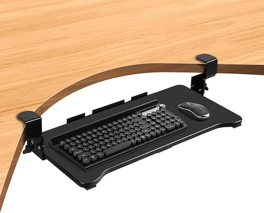 VUSIGN Keyboard Tray Under Desk Height Adjustable,Pull Out with Adjustable C Clamp Mount System for L-Shaped Tables, Extra Sturdy, 26.4” x 11.8” Slide-Out Platform Computer Drawer for Typing, Black