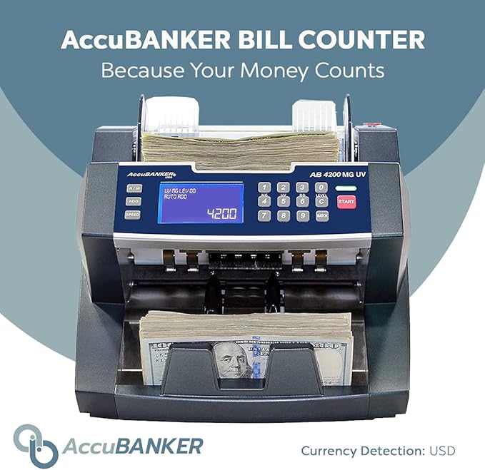 AccuBANKER AB4200MGUV Bill Counter Machine, 300 Bills Hopper Capacity Variable Counting Speeds up to 1,800 Bills/Min with 3-Point Counterfeit Detector Magnetic Ultraviolet, Commercial Grade, UL & CE