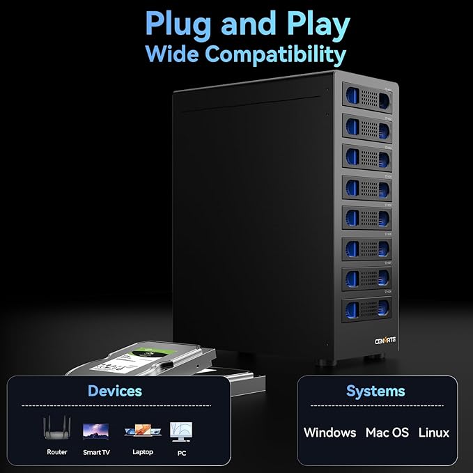8 Bay Hard Drive Enclosure with Cooling Fan for 2.5/3.5" SATA HDD/SSD with USB A/C 3.0 Cable, 3.5 Hard Drive Enclosure Supports 160TB Capacity, Tool-Free HDD Enclosure, DAS(NO RAID/NAS)