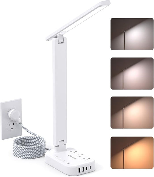 Dorm Room Essentials for Girls, Pink Power Strip with LED Desk Lamp, 3 Outlets 4 USB Ports, 4 Modes 5 Level Touch Lamp Small Desk Lamp for Home Office Bedroom Study Reading Light, 5ft Extension Cord