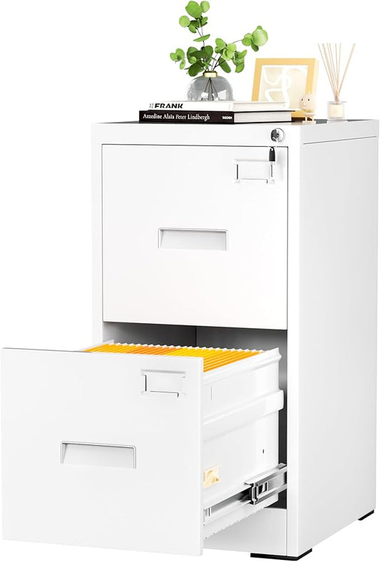Crownland Lateral File Cabinet with 2 Drawers, 15" W Metal Lockable Office File Cabinets for Home Office- Stores Letter/Legal/A4/F4 Files(White)
