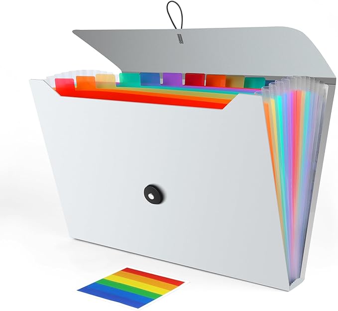 Accordion File Organizer, Expanding File Folder for Sorting Documents and Papers, 13 Pockets Receipt Organizer for Home, Travel and Office Use (White)