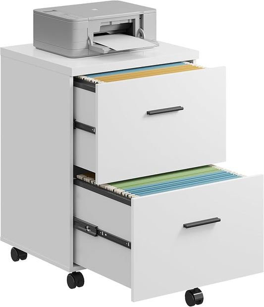 DEVAISE Wood File Cabinet, 2 Drawer Filing Cabinet for Home Office, Vertical File Cabinets with Wheels fits A4/Letter/Legal Size File, White