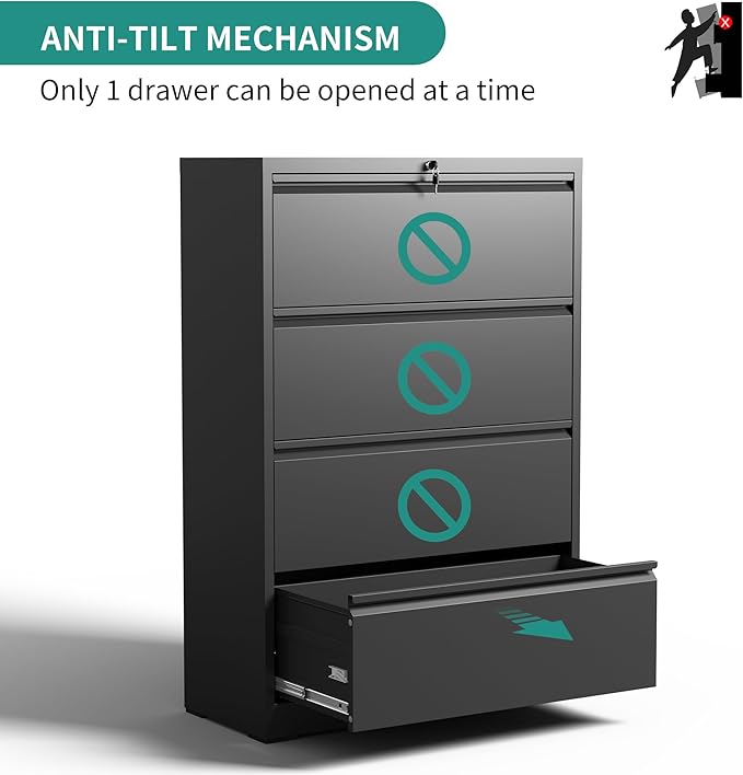 4 Drawer Lateral File Cabinet, Metal Filing Cabinets for Home Office, Steel Storage Wide File Cabinet for Letter/Legal/F4/A4 Size with Hanging Bars, Assembly Required (Black)