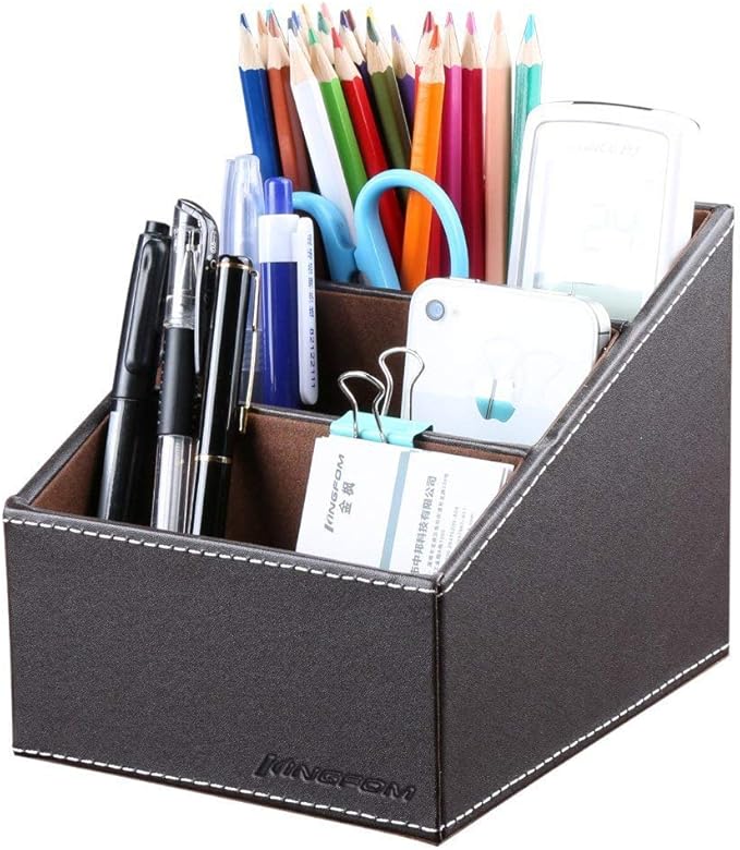 KINGFOM Remote Control Holder with 3 Compartments, Pu Leather Remote Caddy Desktop Organizer for TV, CD, Blu-Ray, Media Player, Heater Controllers and Cosmetics Office Supplies(Brown)