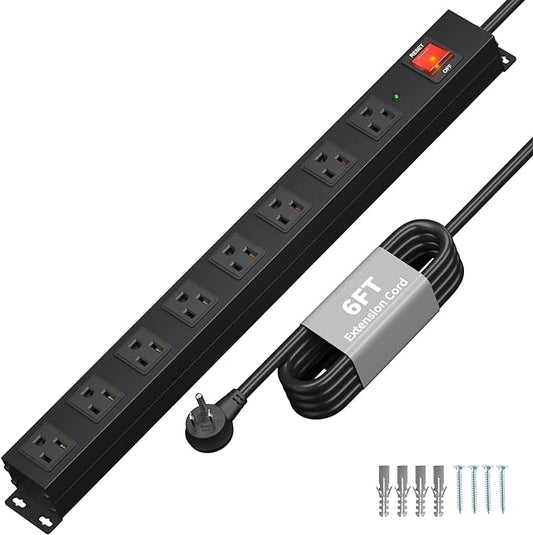 KF 8 Outlet Heavy Duty Power Strip Surge Protector, 2100J Surge Protection Metal Power Strip, 15A/1875W Mountable Power Strips with Upgraded Switch, 14AWG 6FT Extension Cord, Black