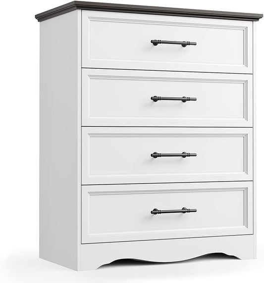 White Farmhouse Dresser for Bedroom, 36" Tall 4 Drawer Chest with Sleek Brushed Metal Handles, Modern Wood Storage Cabinet with Unique Base Design, Closet Organizer for Bedroom, Living Room, Hallway