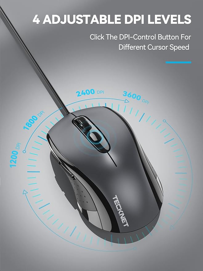 TECKNET USB Wired Computer Mouse, 4-Level Adjustable 3600DPI, Ergonomic with 6 Buttons, 18 Months Battery Life, Portable for Small Medium Hand