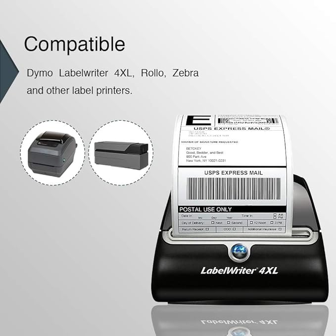 BETCKEY - Compatible DYMO 1744907 4x6 Shipping Labels, Perforated, Compatible with DYMO Labelwriter 4XL Rollo & Zebra, NOT Fit 5XL [12 Rolls/2640 Labels]