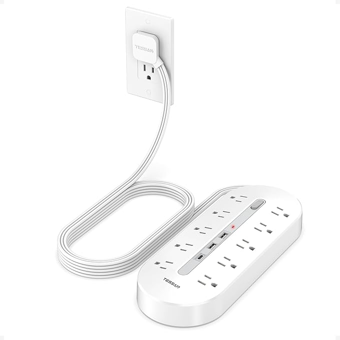 Surge Protector Power Strip 10 Ft Extension Cord, 10 AC Outlet Extender with 3 USB (1 USB C), TESSAN Flat Extension Cord with Multiple Outlets, Flat Plug Power Strip for Home, Office, Dorm Essentials