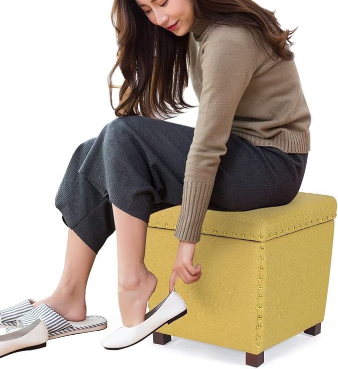 Adeco Square Storage Ottoman with Hinged Lid, Modern Accent Bench Footrest Stool, Coffee Table for Living Room Bedroom,Yellow Large