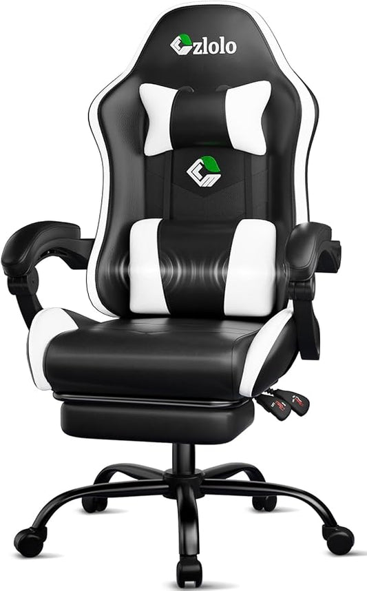 Gaming Chair, Ergonomic Office Computer Chair with Footrest and Lumbar Support Massager Racing Style High Back Video Gamer Chair, Wide＆Thick Cushion, 90°-135° Recline, Adjustable Height, White