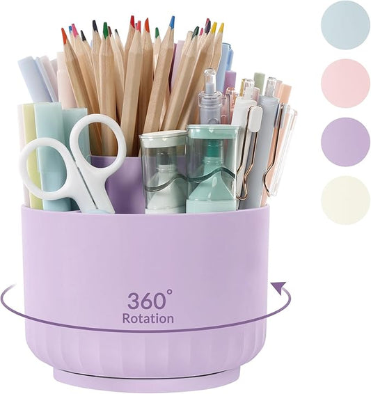 SKYDUE 360 Degree Rotating Desk Organizer, Dual-Purpose Pencil Pen Holder for Desktop, Rotating Desk Pen Organizer with 5 Slots Purple