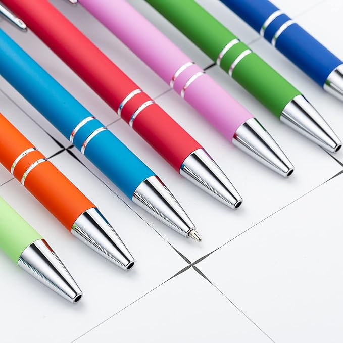 PASISIBICK 12 Pieces Rainbow Rubberized Soft Touch Ballpoint Pen with Stylus Tip, Stylish, Premium Metal Pen, Black Ink, Medium Point(Pack of 12)
