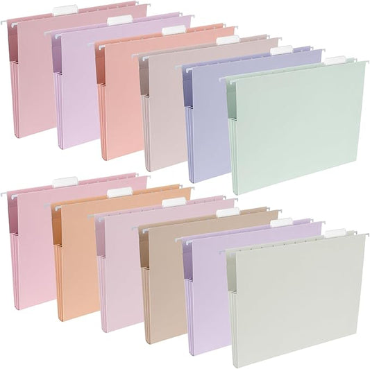 gisgfim 12 Pack Pastel Expanding Hanging File Folders Letter Size Insertable 1/5 Cut Tabs for Filing Cabinets Extra Capacity File Folders Hanging Organizer for Desk Home Office School