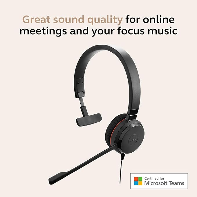 Jabra Evolve 30 II Wired Single-Ear Headset with Mic for Work - 3.5mm Jack, USB-A/USB-C Connectivity, Computer Headset with Noise-Cancelling Microphone, Microsoft Teams Certified, Call Control - Black