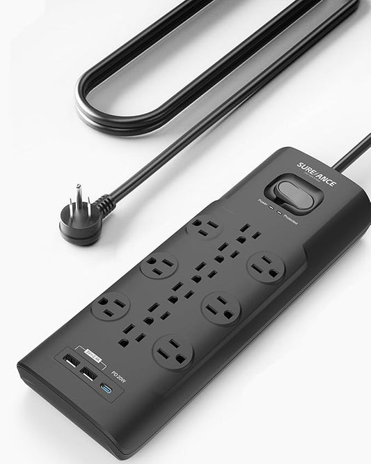 Surge Protector Power Strip, SUREANCE Surge Protector with 12 Outlets and 4 USB Ports, 20W PD USB-C Fast Charging for Home, Office, 4100 Joules, Flat Plug, 6 Feet Extension Cord, ETL Listed