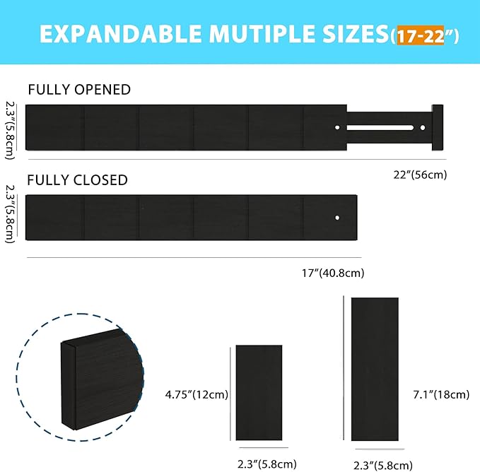 6 Pack Bamboo Drawer Dividers with 12 Inserts, Expandable Adjustable Clothes Drawer Organizers and Storage from 17" to 22" for Kitchen, Bedroom, Dresser, Cosmetics (Black)