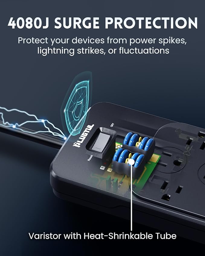 Surge Protector Power Strip 5FT(4080J), Black Surge Protector with 12 Outlets - Spacious Design for Large Plugs, Flat Plug, 20W USB C Charging for Home, Office, ETL Listed