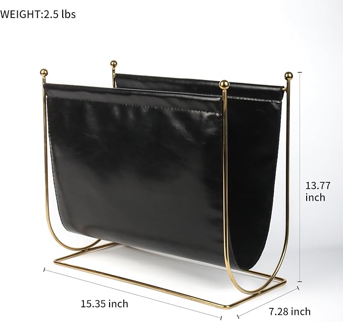 Black Leatherette Magazine Rack Holder, with Metal Ball Bracket,Modern Fashion Style for Books,Newspapers,Home Staging,Bedroom,Hotel,Offices and Living Rooms