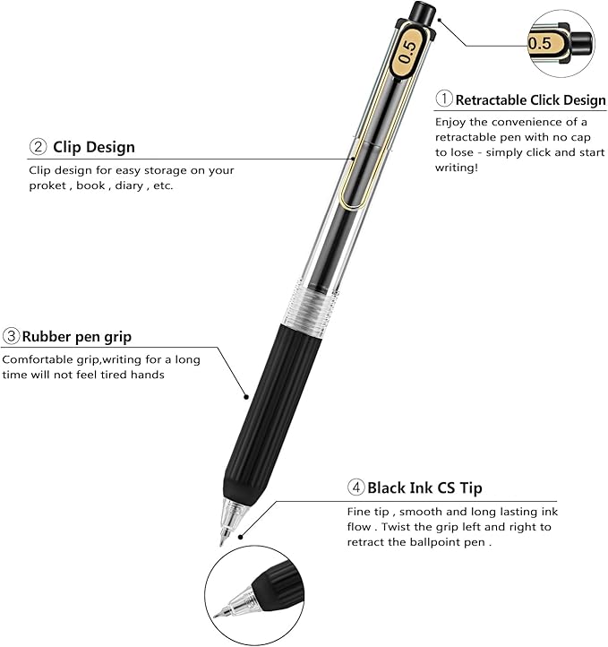 Aozora 20 Pack Black Gel Pens Fine Point Smooth Writing Pens Retractable Black Ink Pen with Soft Grip 0.5mm Quick Dry Office School Supplies Gold Clip