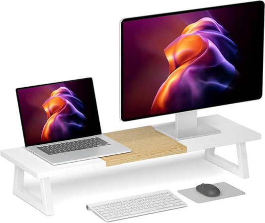 TEAMIX Dual Monitor Riser with Metal Leg, 31.5 inch Long Monitor Stand Riser Wide TV Stand Riser White Monitor Stand for 2 Monitors Wood & Steel Desktop Riser for Home Office Desk Organization