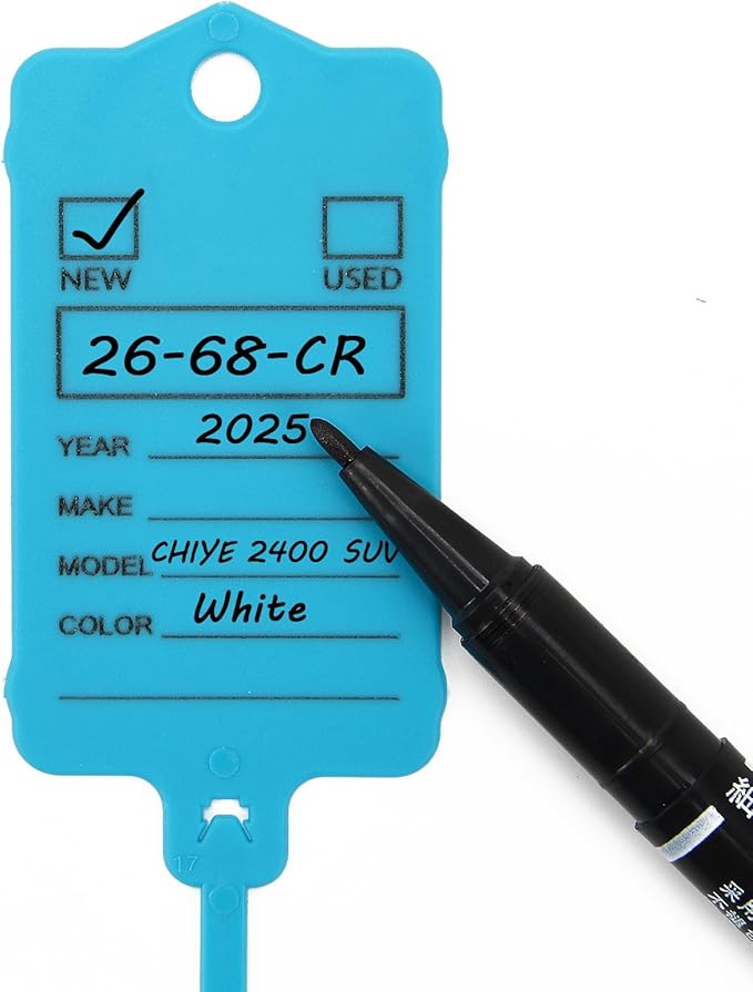 50 Car Key Tags with Labels Plastic Car Dealership Key Tags Self Locking Automotive Identifiers Blank Shop Labels with One Pen (Blue)