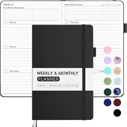 Undated Weekly Planner for 2025, Forvencer Simplified Weekly & Monthly Calendar Planner, Cute Daily Organizer Notebook, Agenda Journal to Track Goals & Tasks, Start Anytime, A5 Size, Black