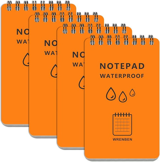 Weatherproof Top Spiral Notepads with Waterproof Paper and Hard Cover, A7 Pocket Steno Pads, 4 Pack 400 Pages Graph Pattern (3" x 5", Orange)