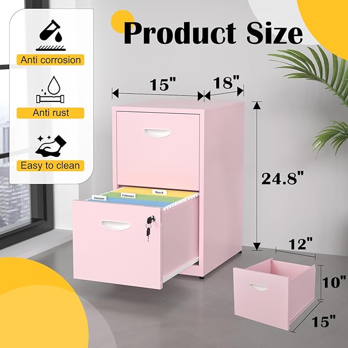 2 Drawer File Cabinet with Lock,Pink Metal Office Drawers Filing Cabinets for Home Office, Two Drawer Under Desk File Cabinet for Hanging Letter,Easy Assemble