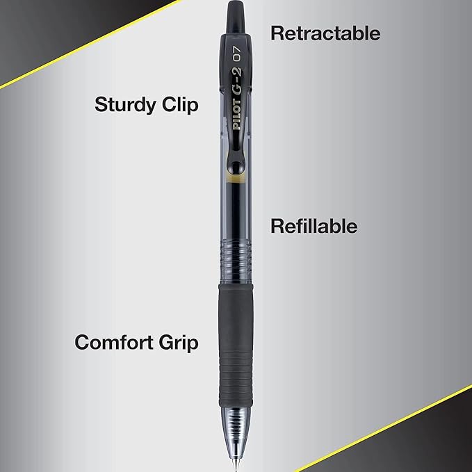 G2 Retractable Premium Gel Ink Roller Ball Pens Ultra Fine Point (.38mm) Black Ink 6 pack; Refillable & Premium Comfort Grip Bundle with Plastic Reusable Pouch
