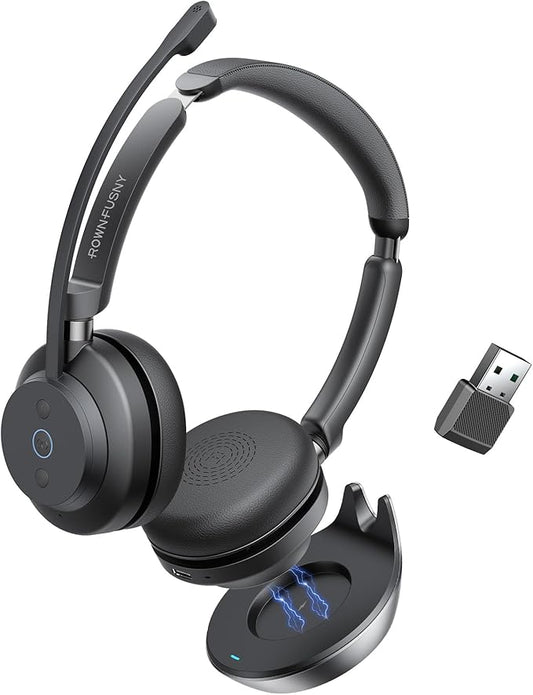 Wireless Headset, Bluetooth Headphones & 2.4G USB Dongle with Noise Cancelling Mic, Mute Button - for PC, Laptop, Call Center, Home Office, Zoom, Teams Meeting