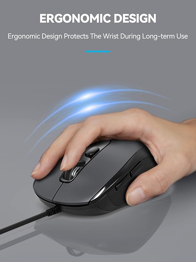 TECKNET USB Wired Computer Mouse, 4-Level Adjustable 3600DPI, Ergonomic with 6 Buttons, 18 Months Battery Life, Portable for Small Medium Hand