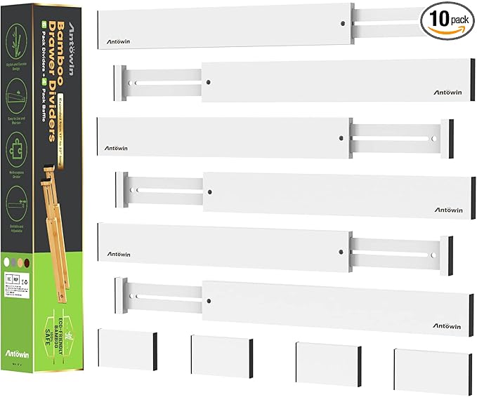 ANTOWIN Expandable Bamboo Drawer Dividers, Drawer Separators,17-22 inches Adjustable Spring-loaded Organizer for Large Utensil, Clothes, Tools Drawers, 6Pack (White)