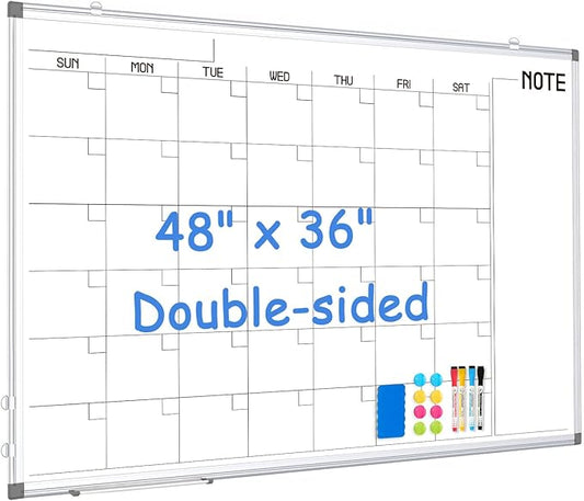WALGLASS Dry Erase Calendar Whiteboard, 48" x 36" Monthly Large Dry Erase Calendar for Wall, Double-Sided Hanging White Board with Silver Aluminum Frame for Home, School, Office, Kitchen