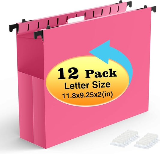 Extra Capacity Plastic Hanging File Folders,12 Pack Reinforced Expanding Hang Folder Letter Size,Accordian Pocket,Heavy Duty 2 Inch Expansion, Hard Hanging Folder Organizer for Office Home,Pink