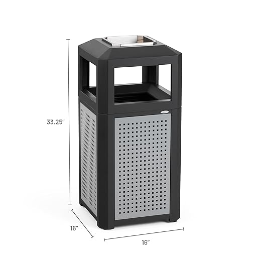 Safco Evos Steel Trash Can, 15 Gallons, Indoor and Outdoor Use, Heavy Duty Garbage Can with Plastic Liner and Ashtray