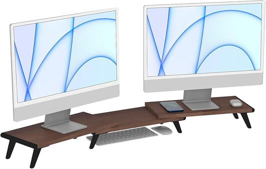 loukin Dual Monitor Stand Riser for Desk, 43.6"*8.2"*3.2" Large Computer Stand for 2 Monitors, Laptop, Printer, Length and Angle Adjustable Computer Shelf, Home Office,Max 43.6" Length(Brown)