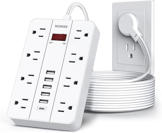 10 Ft Long Extension Cord,Power Strip Surge Protector HUNIAN Flat Plug with 8 Widely Spaced Outlets 6 USB(1 USB C Port), Wall Mount Charging Station for Home and Office,White