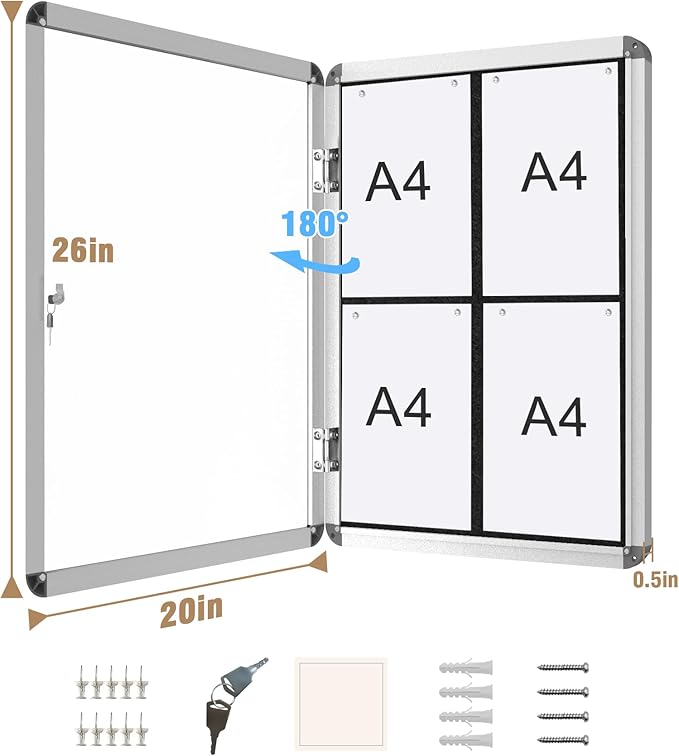 26"x20" Enclosed Bulletin Board, Lockable Weather-Resistant Aluminum Cork Noticeboard for School & Office, Silver Frame w/Black Flet