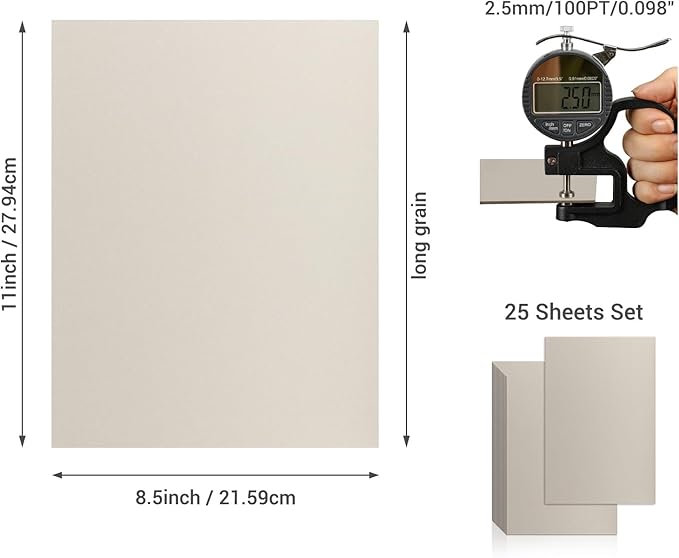 25 Pcs Book Board, Binder Board, Cover Board, Heavy Duty Chipboard for Book Binding, DIY Cardboard (Gray, 8.5 x 11 Inch 100PT)