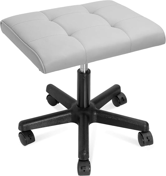 Footrest Under Desk Leg Rest Ottoman Adjustable Height Foot Stool with Wheels Leather Footrest Grey