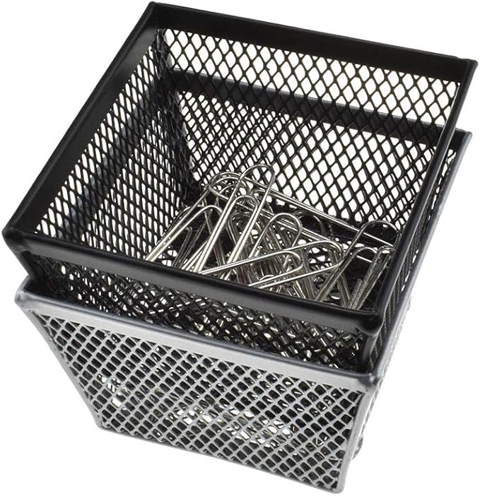 HAHIYO Stackable Paper Clip Mesh Holder Cup 2.2" Height 4 Pack Sturdy Paperclip Holder Container for Desk Drawer Organizer Collection for Home Office School Black Silver Soft Foam Feet No Sharp Edges