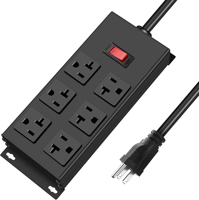 JUNNUJ Heavy Duty 20 Amp Power Strip, Garage 6 Outlets Metal 12 Gauge Surge Protector 3000J, High Amp 5-15P Adapter Shop 6-20R T-Slot Industrial (6AC, 10FT)