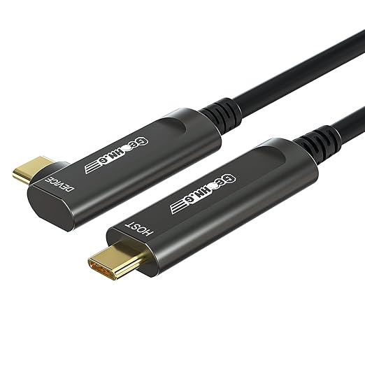 GeoHN.G USB C to C Fiber Optic Extension Cable 15M/50FT, Right Angle USB 3.2 10Gbps Long Distance Active Optical USB C Cable for VR/AR, Quest2, Webcam, Camera, Mini PC and More