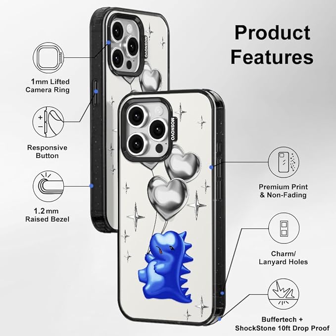 MOSNOVO Case for iPhone 15 Pro Max, [10ft 4X Military-Grade Drop Protection] Durable & Shockproof Phone Case Cover Design for iPhone 15 Pro Max - Balloonasaurus - Clear Black