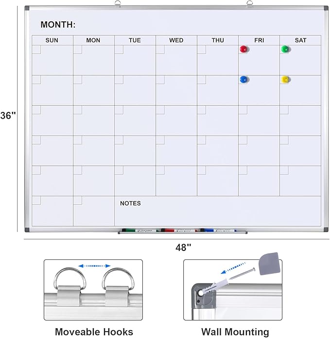 Comix Magnetic Dry Erase Calendar Whiteboard, 48 x 36 Inches Monthly Calendar Dry Erase Board for Wall, Aluminum Frame Planner White Board